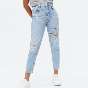 New Look Pale Blue Ripped High Waist Tori Mom Jeans - 10